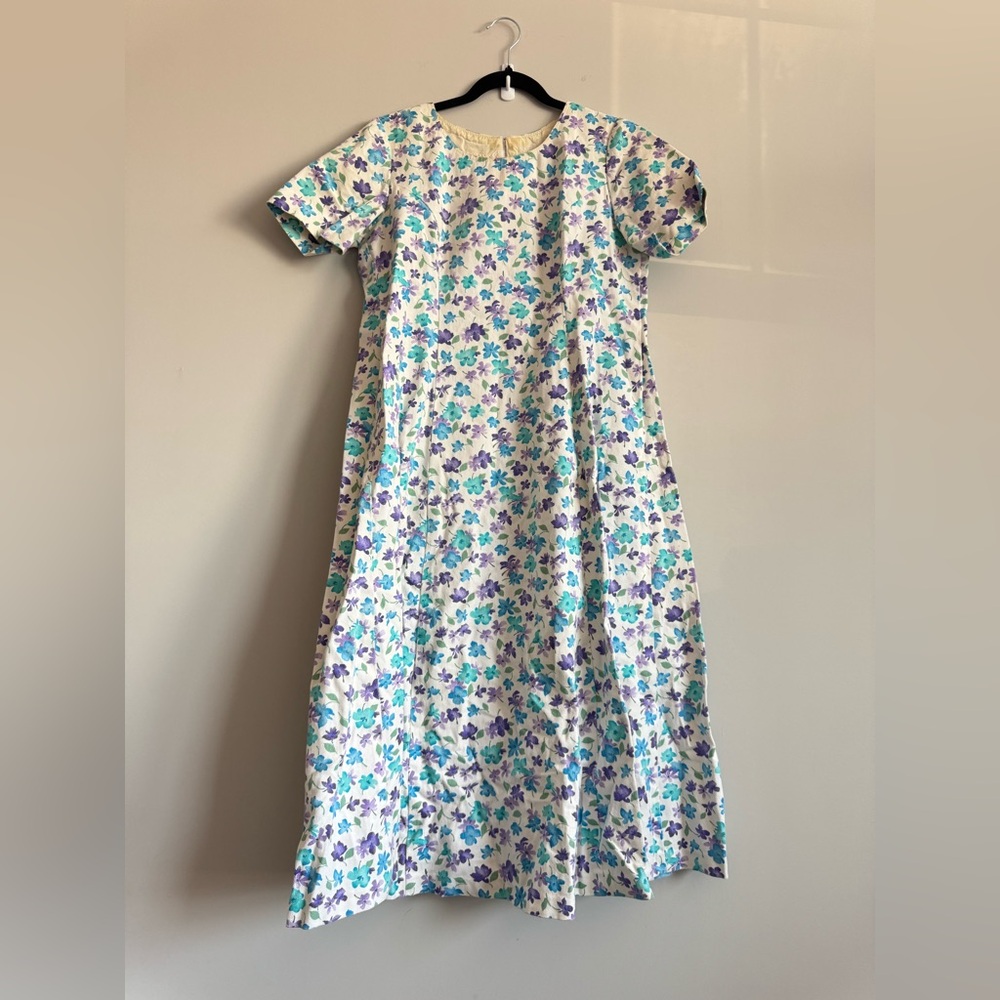 Vintage 60’s Handmade Blue Purple White Floral Cotton Twill Denim Midi Dress